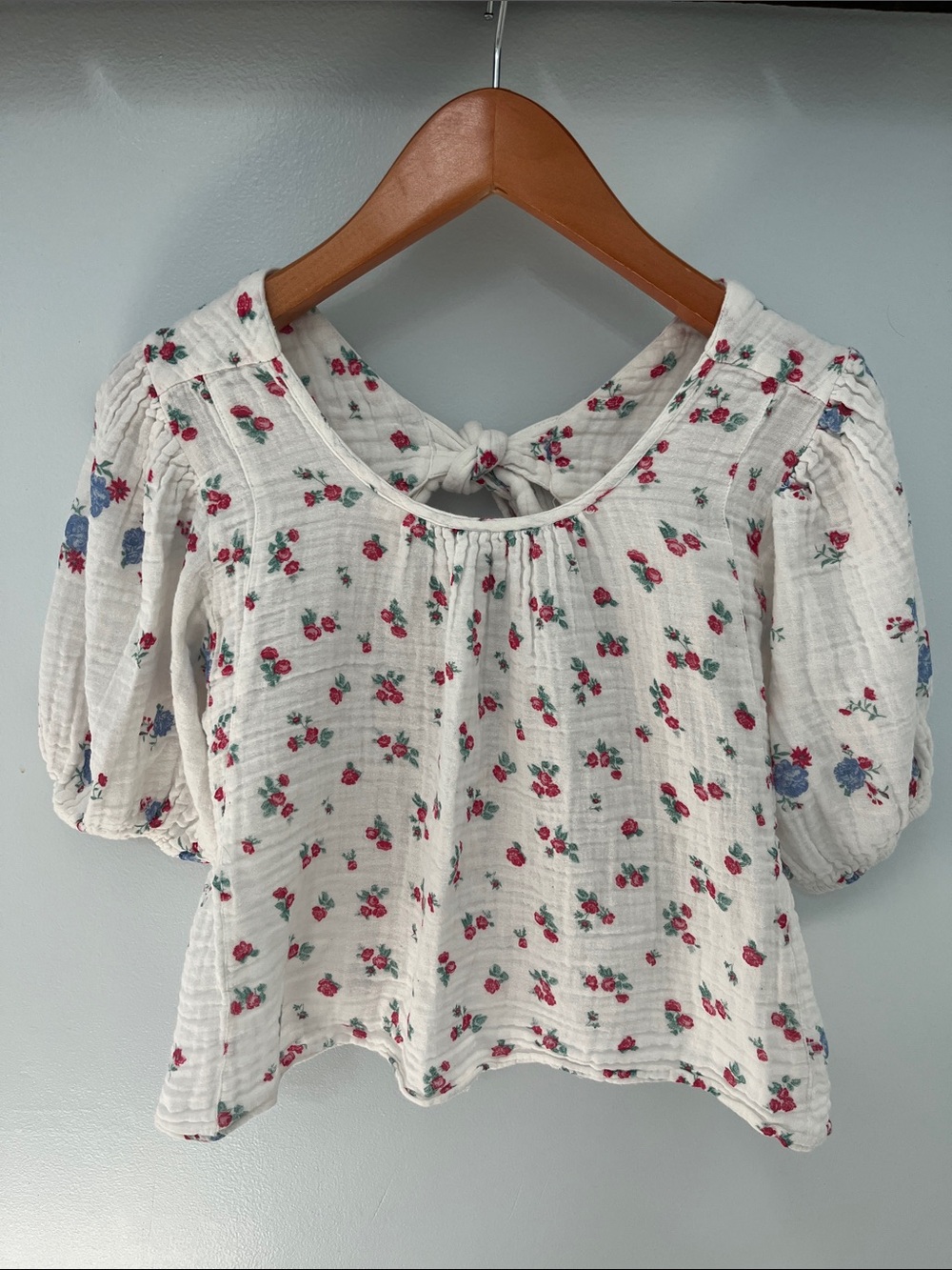 Free People White Floral Tie-Back Top with Red and Blue Flowers